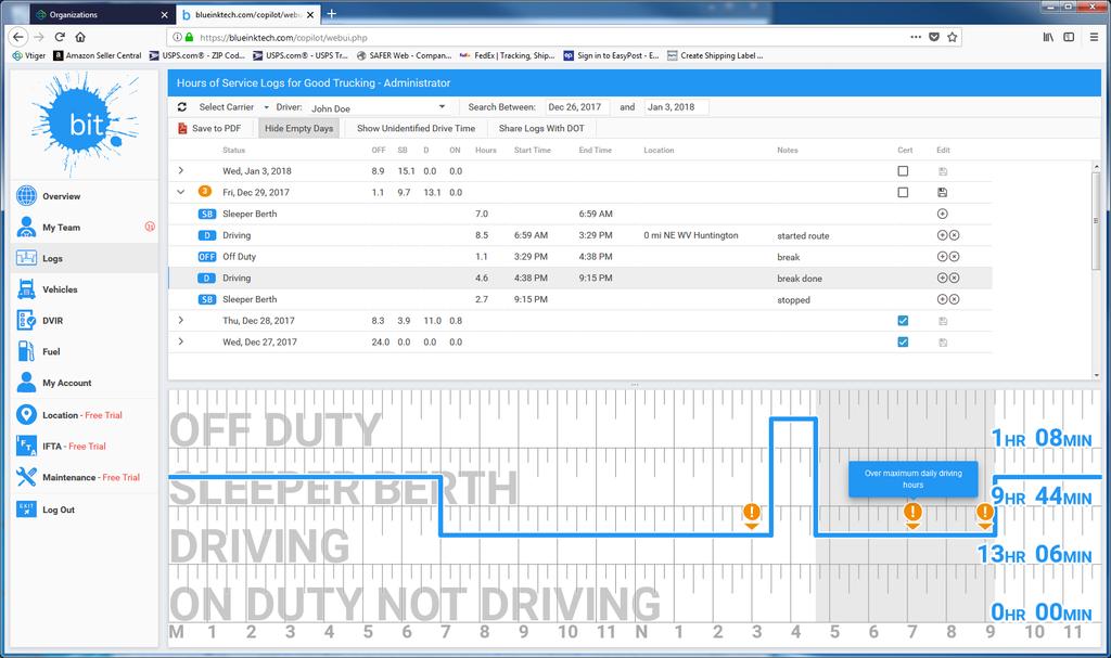 Logs (continued) In the unexpanded view the table shows any potential violations in orange, the total hours logged in each type of duty status, and whether the driver has certified the log.