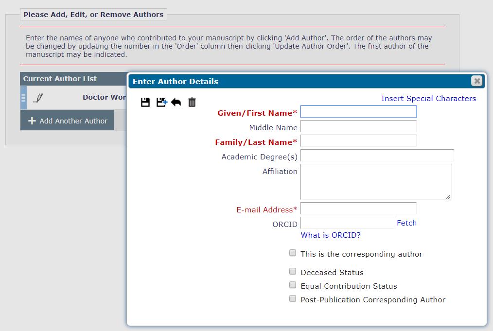 Set Other Author Parameters Publications can request additional information for Other Authors during the Add/Edit/Remove Author step This information can be made mandatory to complete a