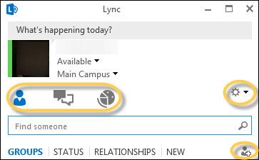 Contacts, Meetings, and Conversations The upper portion of the Lync window contains several different symbols that, when selected, will quickly open a different part of the Lync application.