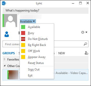 Status Menu Lync provides the ability to manually select a status. Your status indicates if you are available to collaborate and chat with others, or if you are busy or in a meeting.