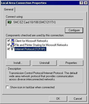 3. Select the TCP/IP protocol for your network card. 4. Click on the Properties button.