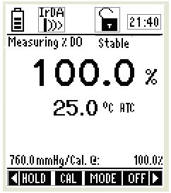 The meter automatically calibrates to 100% air saturation and returns to the measurement mode.