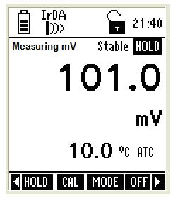 7. Press ESC (F4) to go to measurement mode. The meter shows the relative mv reading of the solution in measurement mode, if offset is not zero.