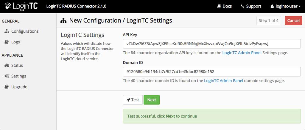 Click Test to validate the values and then click Next: First Authentication Factor Configure the first authentication factor to be used in conjunction with LoginTC.