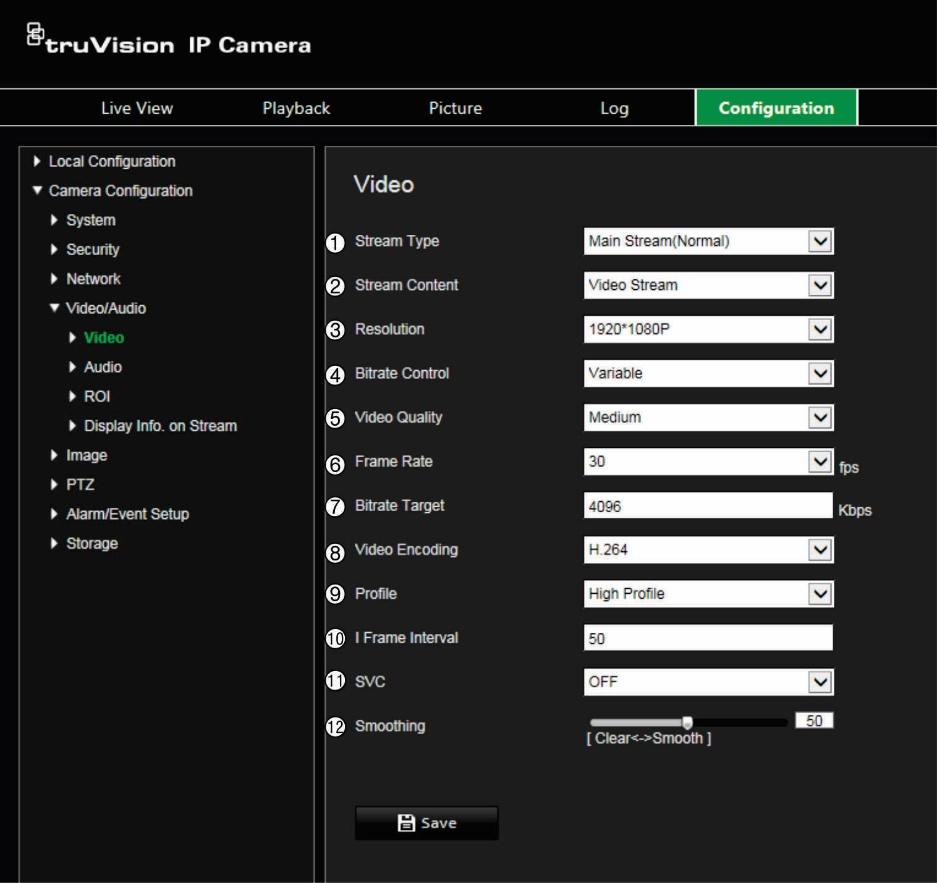 Note: When you add the camera to a recorder, you need to set-up the recording parameters in the recorder. Figure 5: Video & Audio Settings menu (Video tab shown) Parameter Description 1.