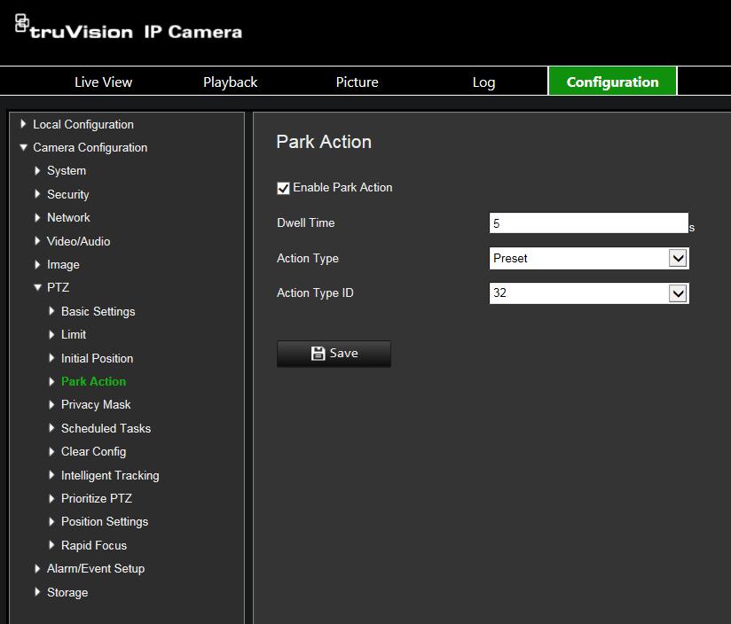 5. Click Save to save changes. Park actions This is the action that will run automatically after the dwell time. A park action can be, for example, a scan, preset, preset tour, or a shadow tour.