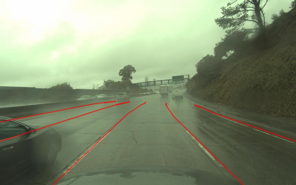 Fig. 6. Failure cases due to rain, occlusions and missing lane markings.