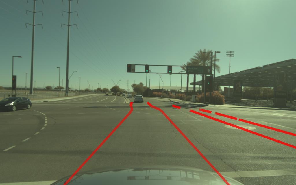 b) Comparison with state of the art: we compare the lane detection results using the SCNN model [2] with ours,