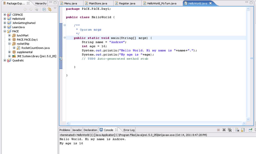 Eclipse Workbench Source Code Editor where you enter the Java code for your program Package Explorer where your
