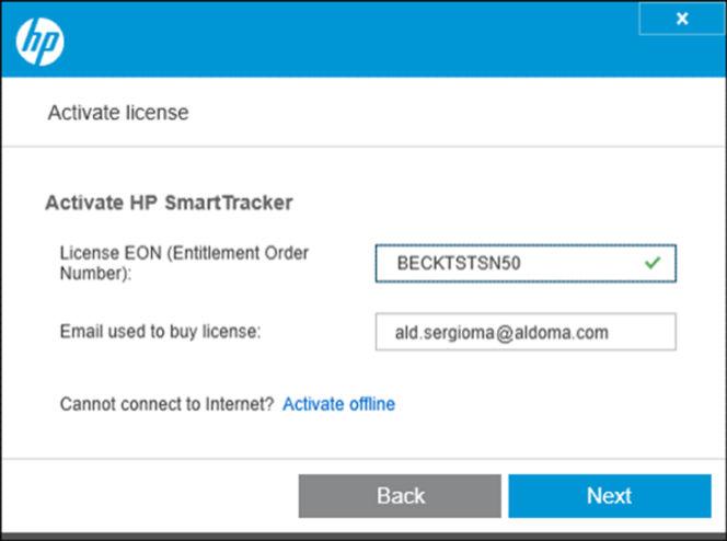 4. In the Activate license window enter the EON and your email address.
