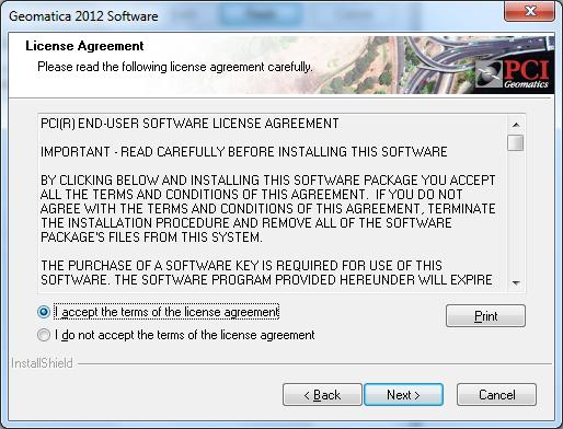 The license agreement for Geomatica 2012 appears.