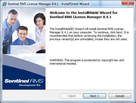 The Safenet Sentinel RMS License Server installation wizard appears. Please select Install to proceed.