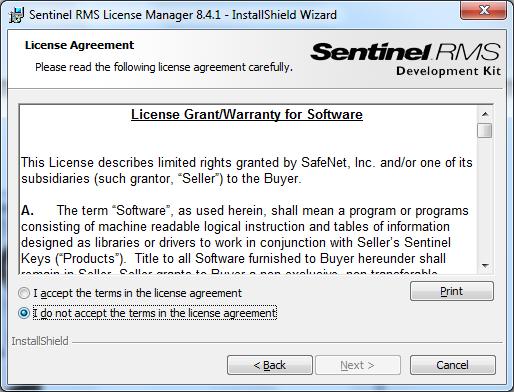 The license agreement for the Sentinel RMS License Manager appears.