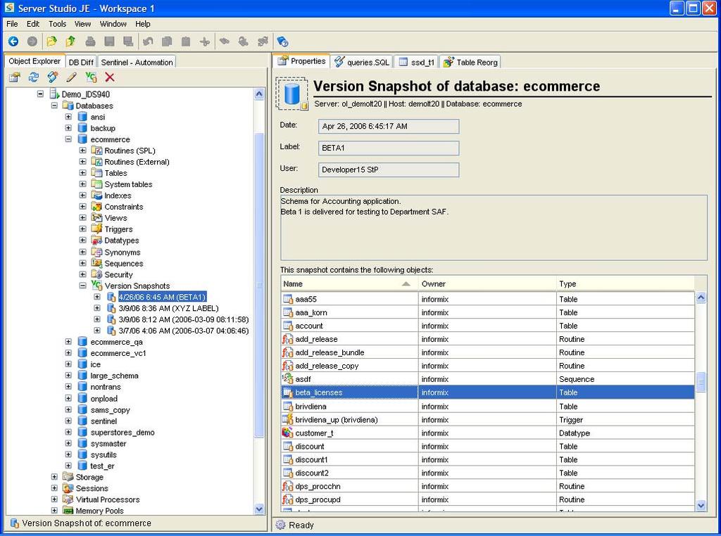 Sentinel Configuration & Regulatory Compliance Auditing Version Control New Create snapshots of database schema for versioning of database changes in a built-in Version Control Snapshots repository.