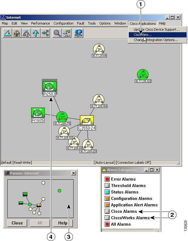 Chapter 3 Integrating LMS Applications to NMS Figure 3-1 HPOV After Integration With CiscoView 1