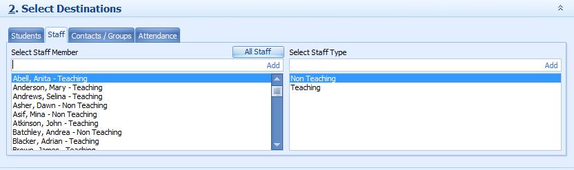 Staff Search - This tab will allow users to pick one member of staff/all members of staff at a time from the list of staff members from the MIS database, and Add them to the list of recipients.