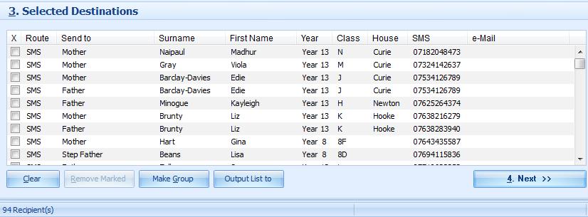 Searching Results [BOTTOM SECTION] *Note* the recipient list can contain any combination of pupils, staff and contacts. Removing recipients from a list just clears them from the screen.