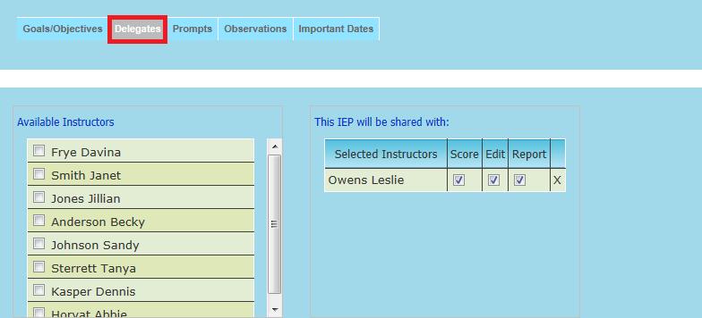 Figure 25 Sharing an IEP From this tab users can select other instructors within their network to share IEP data with.