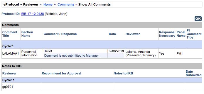 6 The Show All Comments button allows the user to view a list of all the comments and notes within the protocol [Figure 2.10]. (Last Name, First Name) (Last Name, First Name) Figure 2.