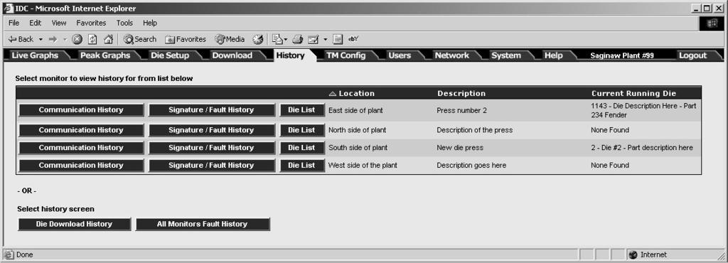 History Tab To Communication History screen for a monitor To Signature/Fault history selection screen: find historical signature by die, date, time, or fault condition and view or export it To Die