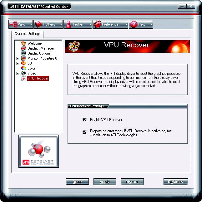 English VPU Recover : VPU Recover enables the ATI display driver to detect when the graphics processor stops responding to display-driver instructions.