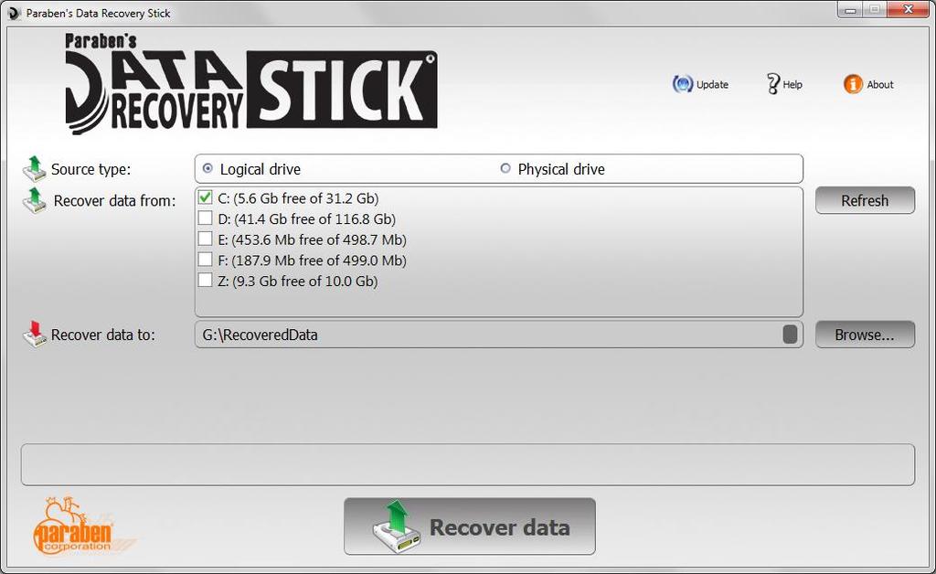 Application User Interface Main Page You will see this page when you start the Paraben s Data Recovery Stick.