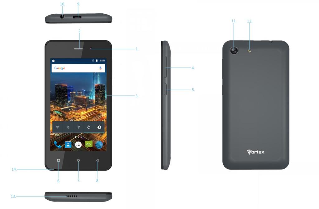 1. PARTS AND BUTTONS OF THE DEVICE 1. Front camera 2. Speaker 3. Touchscreen 4. Volume button 5. Power button 6.