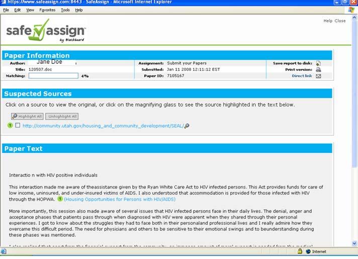 Figure 6: SafeAssign Report If you select the highlight all, the source and document text will be color coded to match.