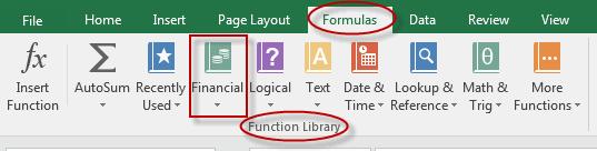 To access the financial functions, from the Formulas tab, in the Function Library group, select Financial. 1.