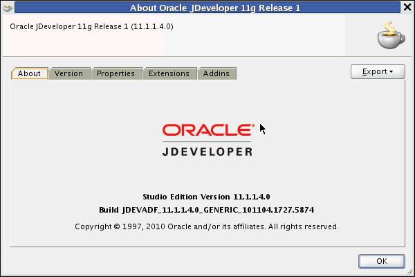 Step 4: Verify the Correctly Installed JDeveloper Release and WebCenter Extension Figure 2 1 Oracle JDeveloper 11g Release 1 About Box If you are not sure whether you have the WebCenter extension,