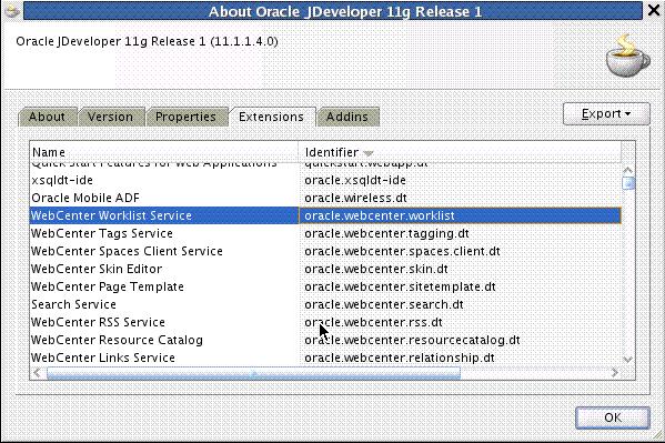 0. On the Extensions list, sort by Identifier to locate the oracle.webcenter.* components. Figure 2 2 shows the Oracle WebCenter components listed in JDeveloper.