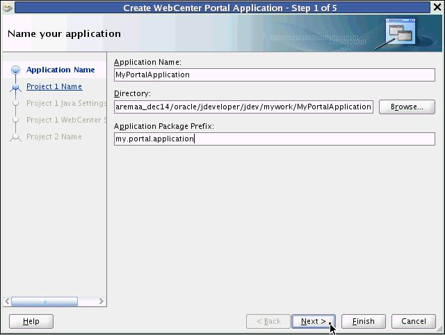Step 1: Create a Custom WebCenter Portal Application 5. In the Application Package Prefix field (shown in Figure 3 4), enter my.portal.application. Figure 3 4 Naming Your Application - Step 1 of 5 6.