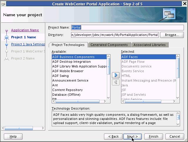 Step 1: Create a Custom WebCenter Portal Application Figure 3 5 Name Your WebCenter Project - Step 2 of 5 7. Click Next.