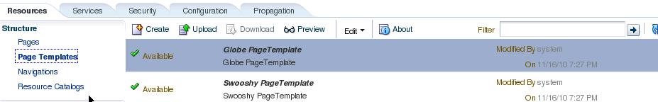 Step 2: Change the Default Page Template at Runtime Figure 5 7 Administration Console with the Resource Tab and Page Templates Item Selected 5. Click the Page Templates item.