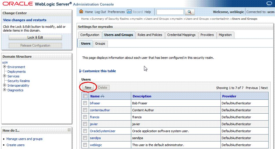 Step 2: Create a User With Privileges To Edit UCM Content Figure 6 17 The New User Button Selected in the Users and Groups Pane 8.