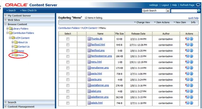 Step 5: Add a New Content Query Figure 6 35 The Menu Folder For Oracle Content Server in UCM 13.