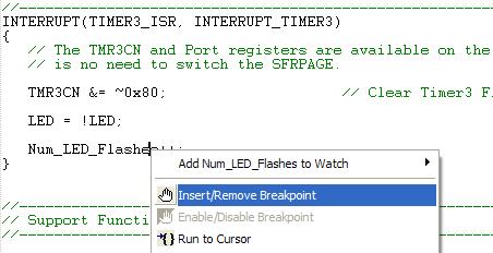 6.6. Setting and Running to Breakpoints The Silicon Laboratories microcontroller devices support up to four hardware breakpoints. A breakpoint is associated with a specific line of code.