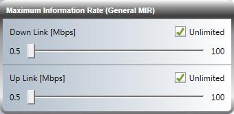 Changing the Link Band : Maximum Information Rate You can set separately, the uplink and downlink Maximum Information Rate (MIR) in Mbps or leave it as Unlimited.