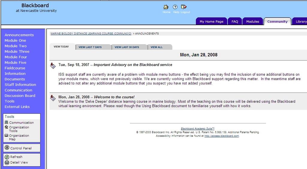 2. The course page When you open the course, the first page you will see is the Announcements page: Course menu This panel shows course announcements and general information from the university