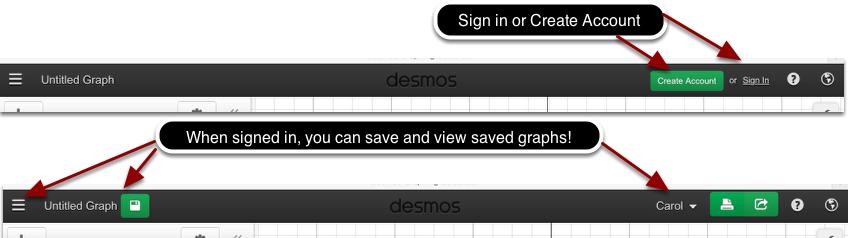 Creating & Using a Desmos Account (Top Black Bar) Students and teachers would benefit by attaining a Desmos Account in order to save their work and share with others.