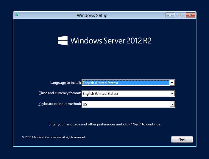 4. Setting Up Windows Server 2012 R2 18. The system starts from the OS installation media.