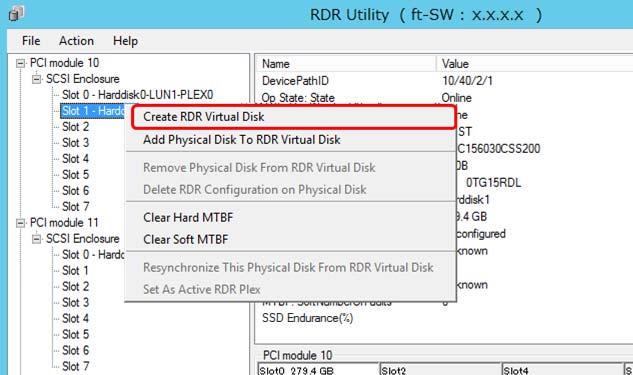 4. Setting Up Windows Server 2012 R2 4. On the left pane of the RDR Utility, right click on the Slot 1 disk of PCI module 10 and select Create RDR Virtual Disk.
