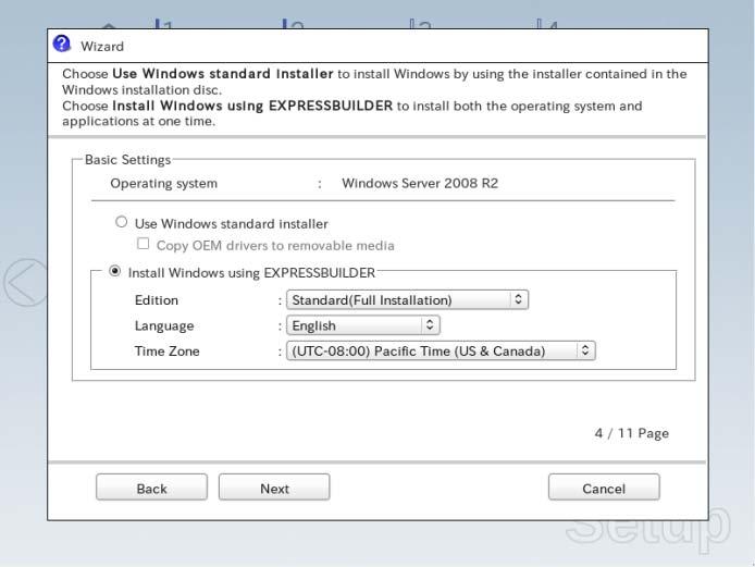 5. Setting Up Windows Server 2008 R2 14-(2) Check the settings specified for Basic Settings. Modify the settings as needed, and then click Next.