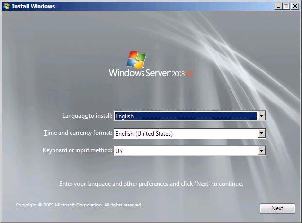 5. Setting Up Windows Server 2008 R2 15. Insert the OS installation media into the disk drive, and then click OK. 16. The server reboots automatically. 17.