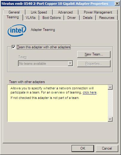 5. Setting Up Windows Server 2008 R2 3. Select the Teaming tab on the Properties dialog box. Select the Team this adapter with other adapters, and then click the New Team button.