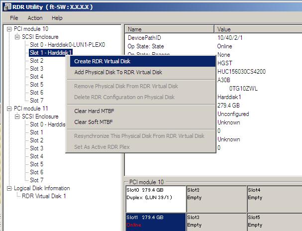 5. Setting Up Windows Server 2008 R2 4. On the left pane of the RDR Utility, right click on the Slot 1 disk of PCI module 10 and select Create RDR Virtual Disk.