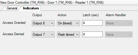 DOOR CONTROLLER SETUP > DOOR SETUP > READER SETUP > INDICATORS Any of the outputs on the Door Controller can be used to indicate one of two reader events to the system users.