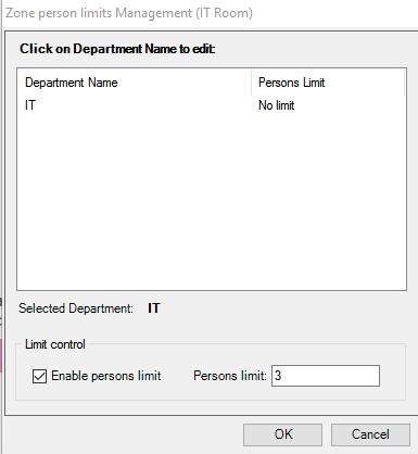 It is also possible to limit the number of people allowed in to a Zone using the Zone persons limit option. This can be useful for small areas e.g. server rooms, to ensure only a certain number of people are in a room at a time.