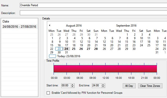 ADD OVERRIDE PERIOD An Override Period defines a period with a start and end date. Normally the time is set for 'all day' but this can be changed if required.