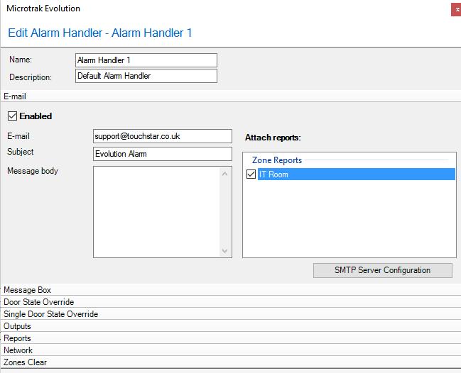 ADD ALARM HANDLER > E-MAIL This option allows an email to be sent to the specified address with a particular message and or report